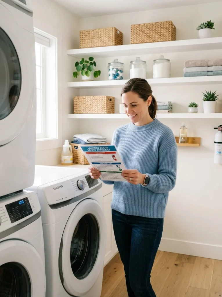 Homeowner reviewing important laundry room safety tips.