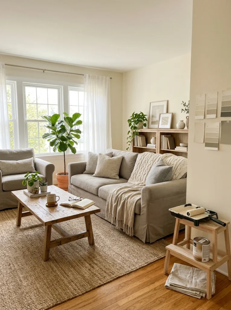 Cozy neutral living room showing warm tones and timeless decor after replacing trendy paint colors.