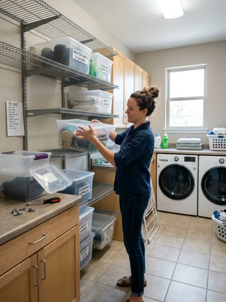 Updating laundry room storage organization.