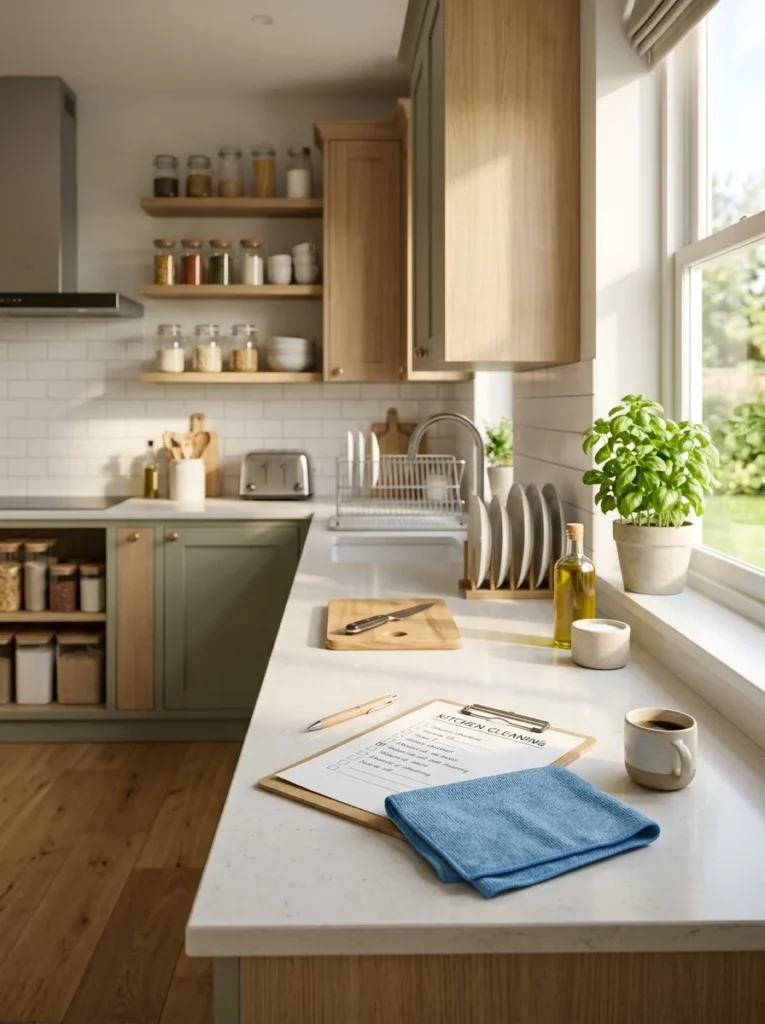 Person planning a realistic household cleaning routine in a clean modern kitchen.