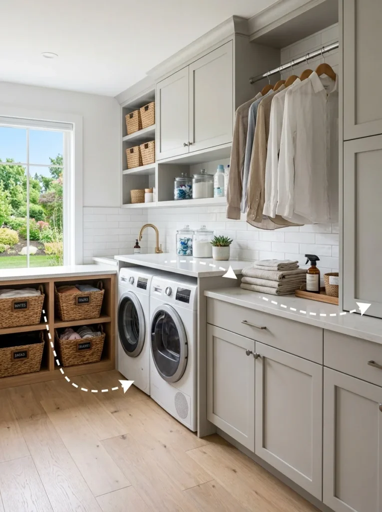 Well-planned laundry room layout designed to improve efficiency and reduce unnecessary steps.