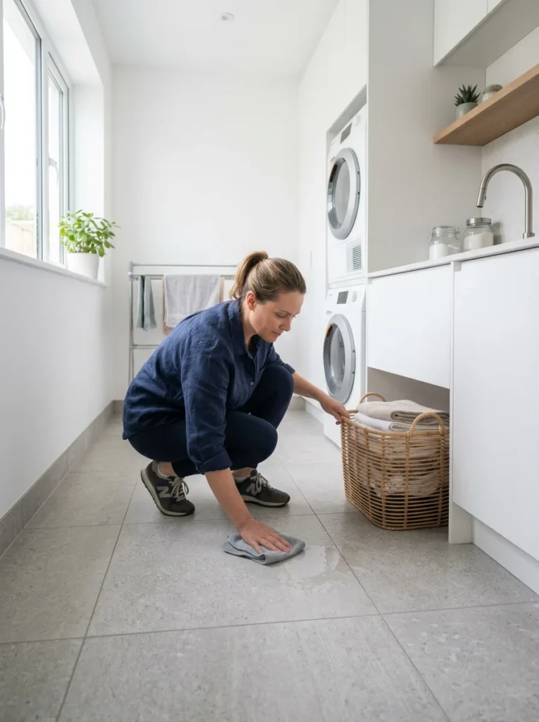 Cleaning a water spill from a laundry room floor to prevent accidents.