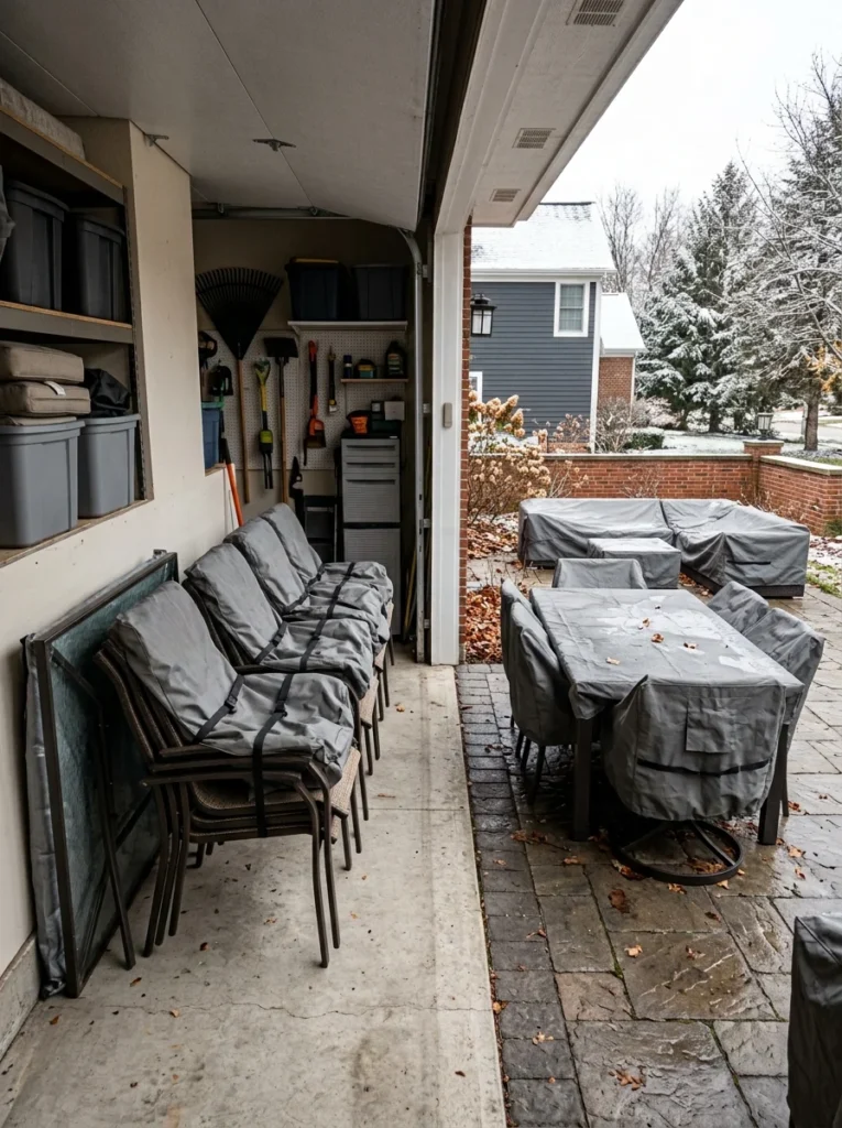 Outdoor furniture stored safely during the winter season.