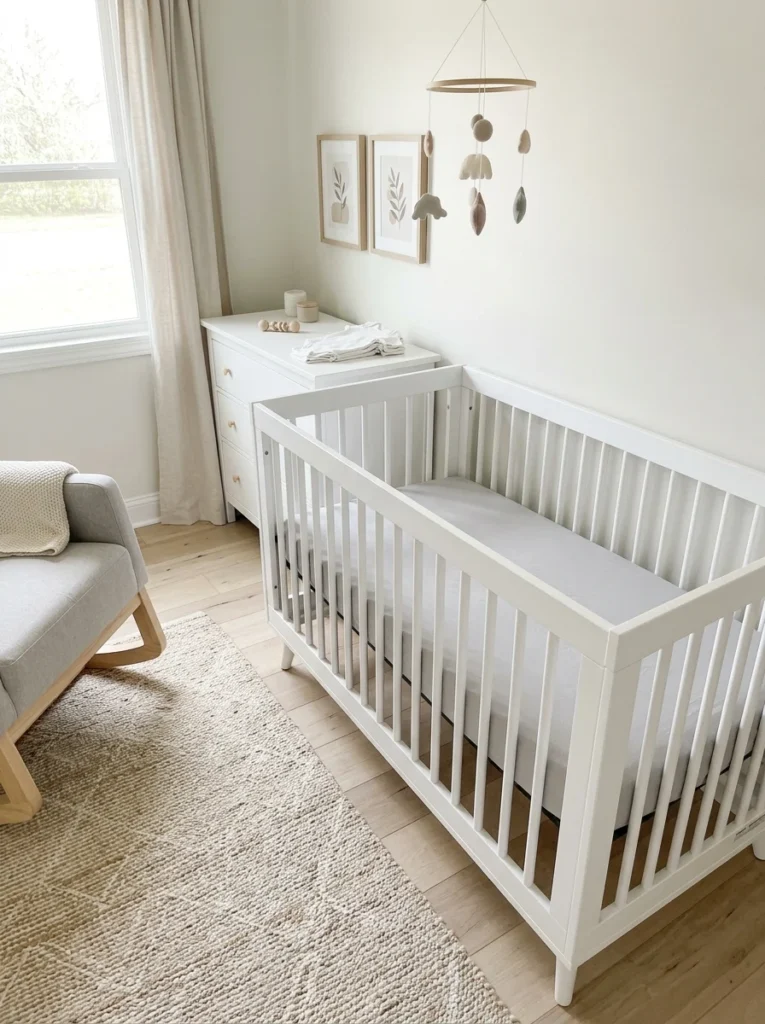 Baby crib with only a fitted sheet and firm mattress for safe sleep.