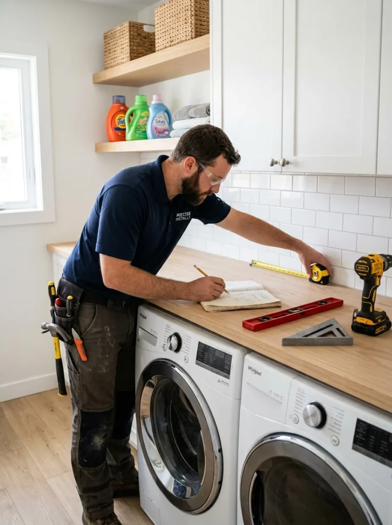 Professional installing a countertop above laundry appliances.
