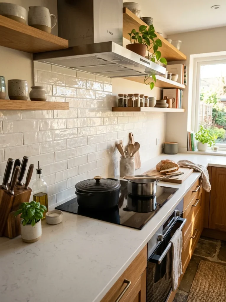 Freshly installed kitchen backsplash behind a stove in a modern home kitchen.