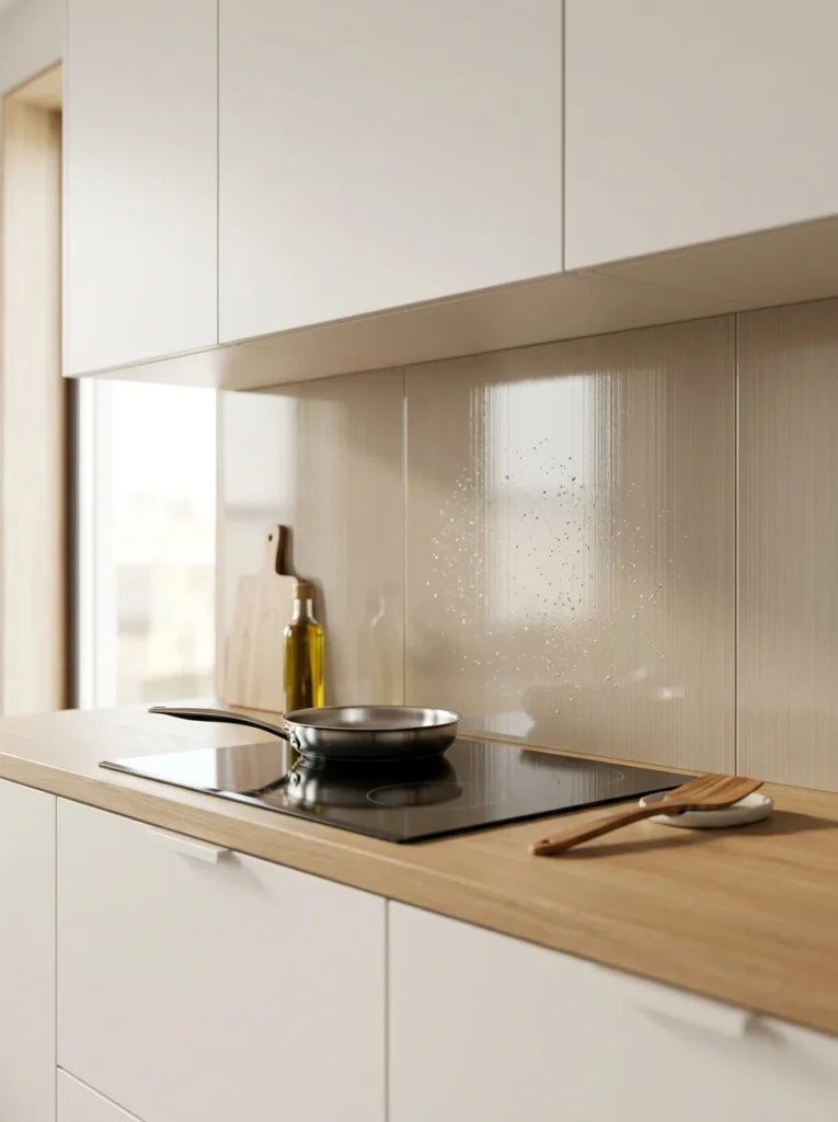 Practical kitchen backsplash protecting the wall behind a modern cooktop.