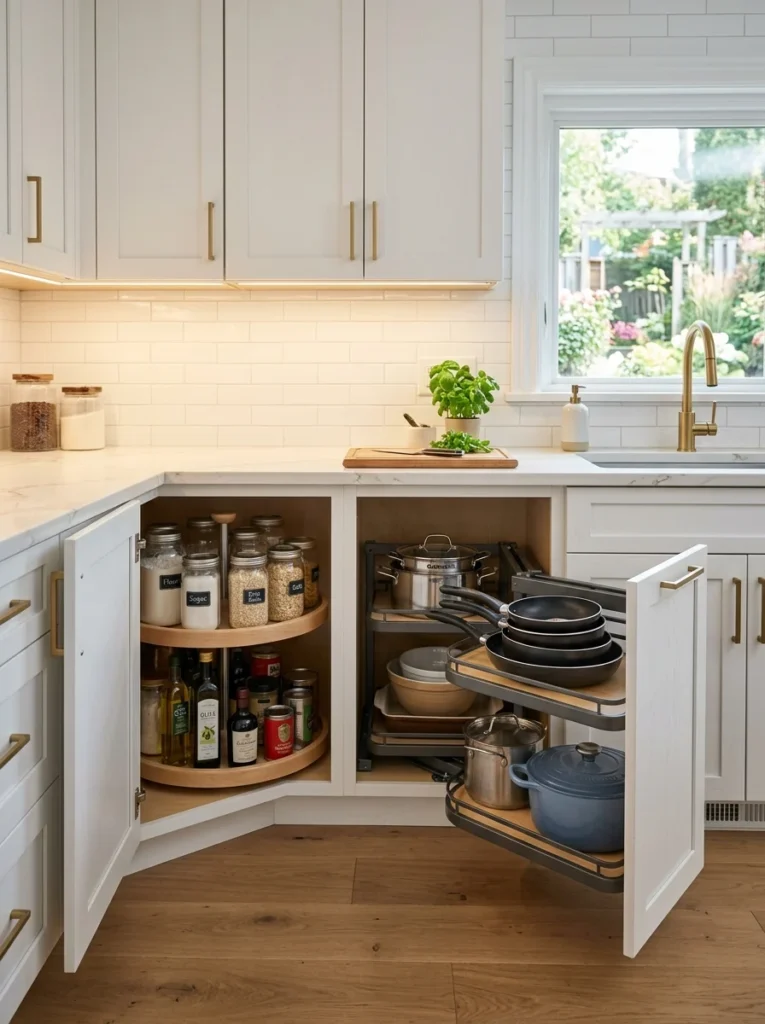 Corner kitchen cabinet with lazy Susan and pull-out storage organizer.