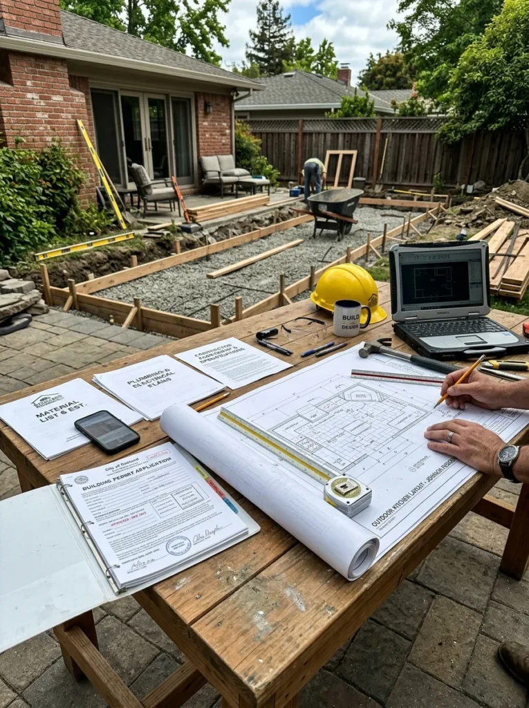 Construction plans and permit documents for building an outdoor kitchen.