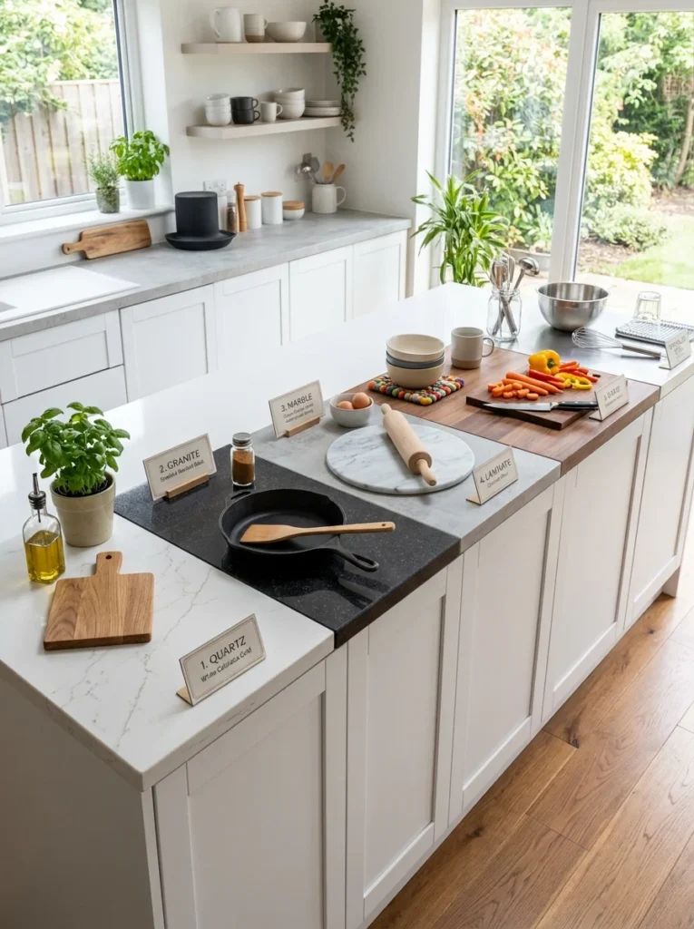 Comparison of popular kitchen countertop materials in a modern kitchen setting.