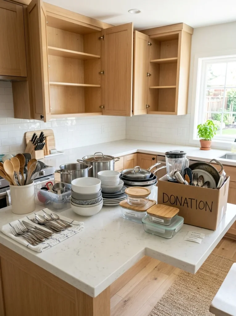Kitchen items sorted on the countertop before organizing cabinets.