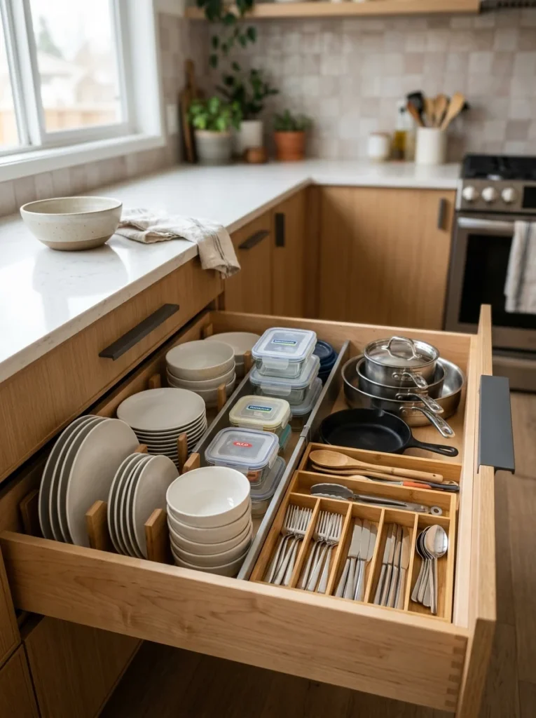 Deep kitchen drawer organized with adjustable dividers and neatly arranged dishes.