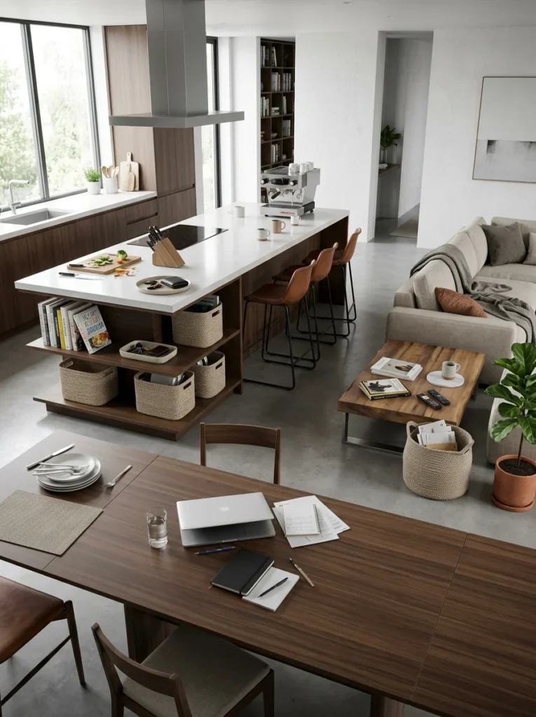 Clean kitchen counters and coffee table after a quick daily tidy.