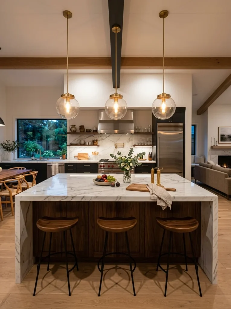 Kitchen island illuminated with evenly spaced pendant lights.