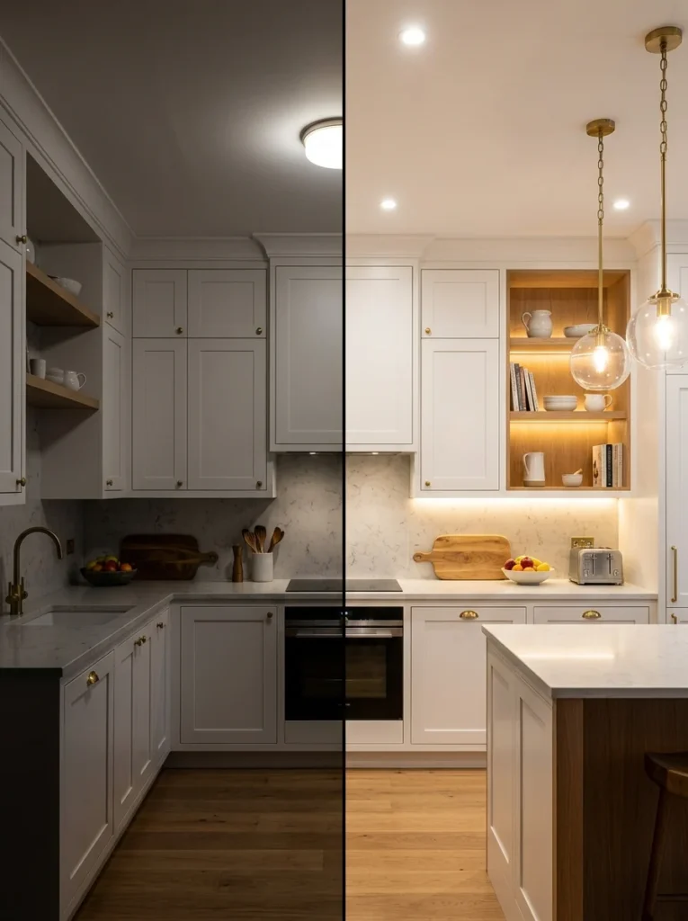 Comparison of a kitchen with one ceiling light and a properly layered lighting design.
