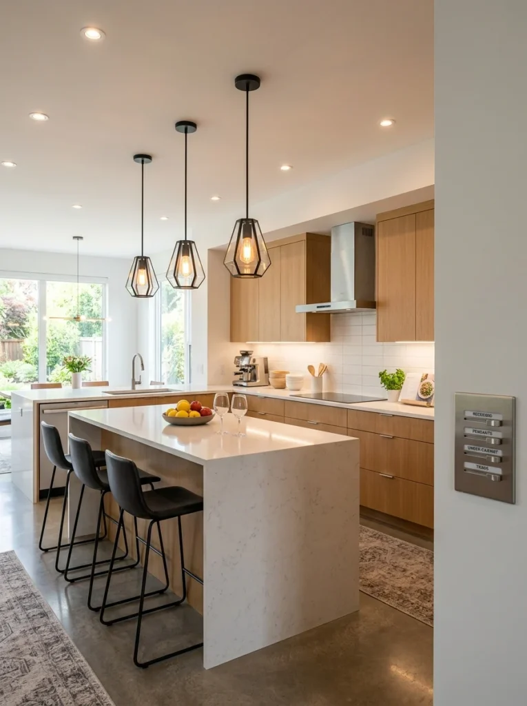 Modern kitchen showcasing different types of lighting fixtures.