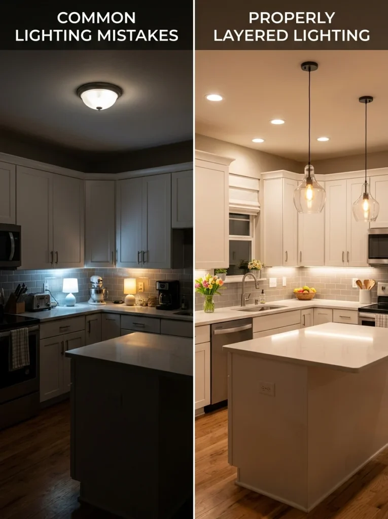 Kitchen illustrating common lighting mistakes and proper layered lighting solutions.