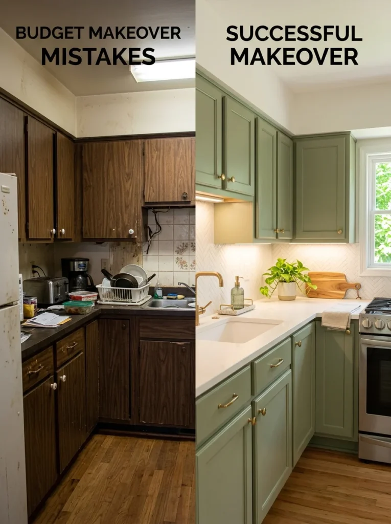Budget kitchen showing renovation mistakes compared with a coordinated affordable makeover.
