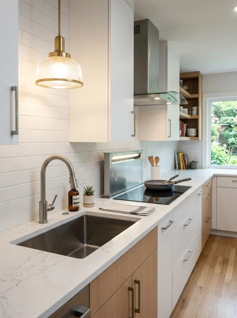 Dedicated lighting above a kitchen sink and cooktop for better visibility.