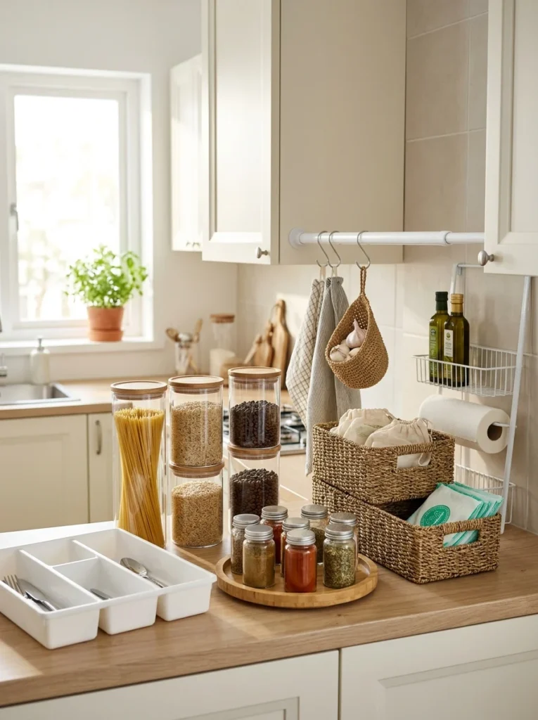 Budget-friendly kitchen storage organizers displayed on a countertop.
