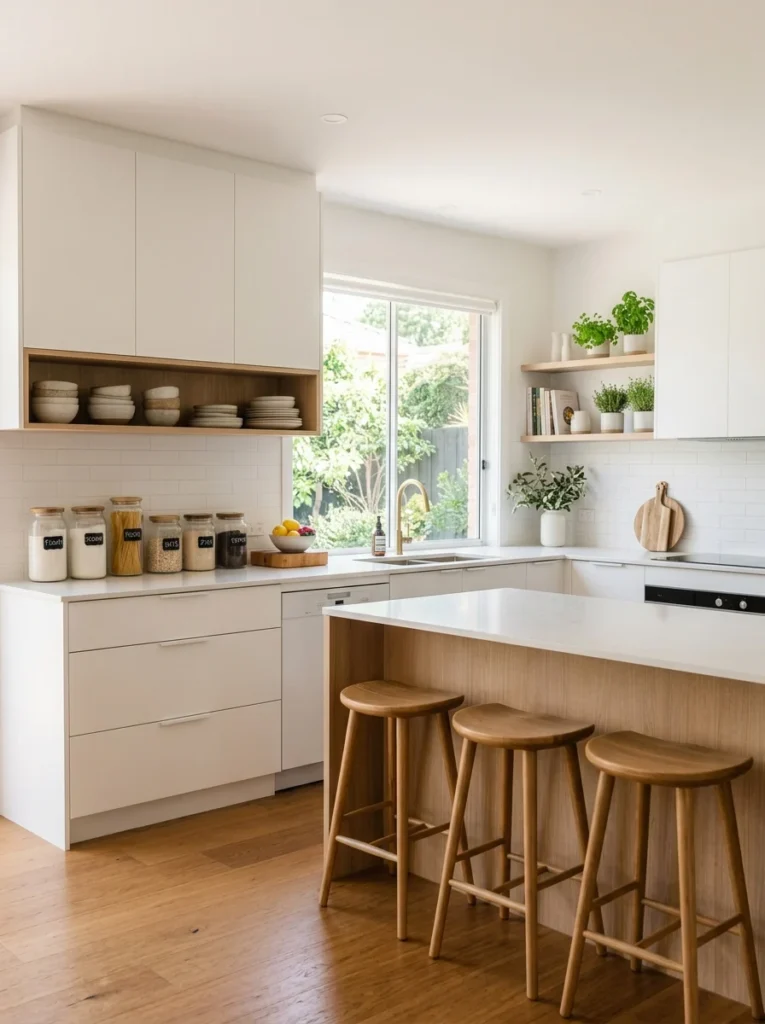 Minimalist kitchen featuring organized cabinets, clear countertops, and practical storage solutions.