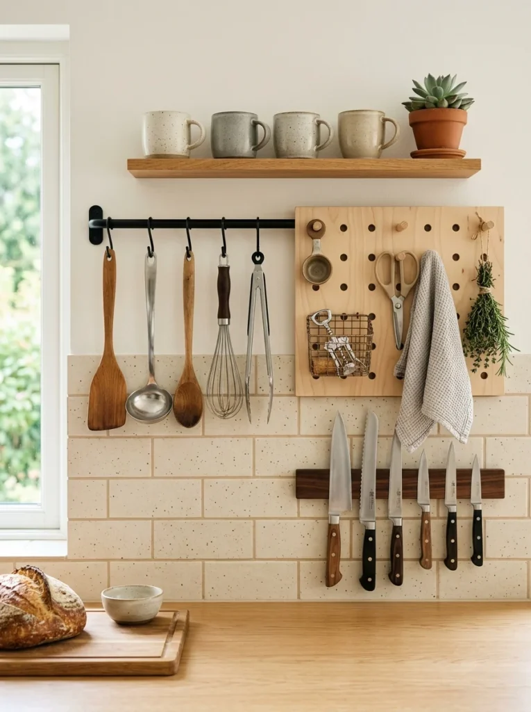 Kitchen wall featuring hanging utensils, magnetic knife strip, and pegboard storage.
