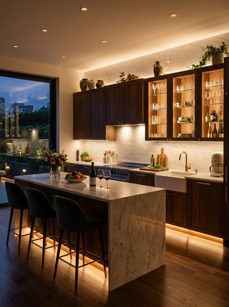 Kitchen with decorative accent lighting including cabinet and toe-kick LEDs.