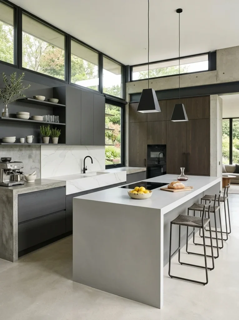 Modern kitchen showcasing concrete, solid surface, and porcelain countertop options.