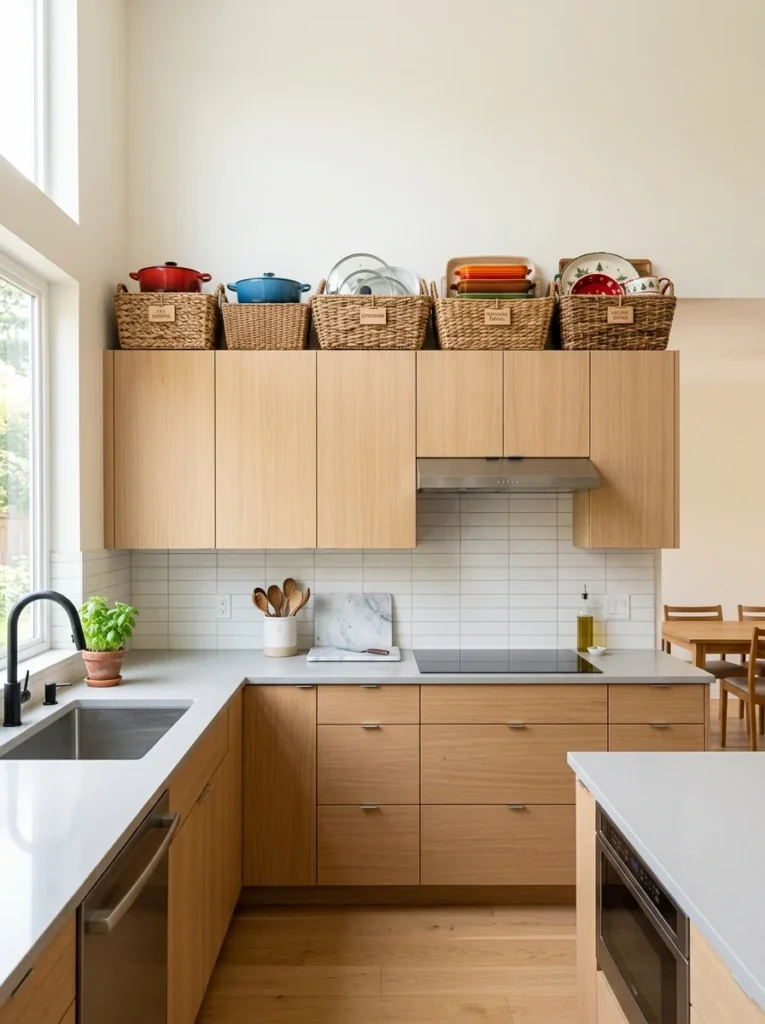 Kitchen cabinets with neatly organized baskets stored above upper cabinets.