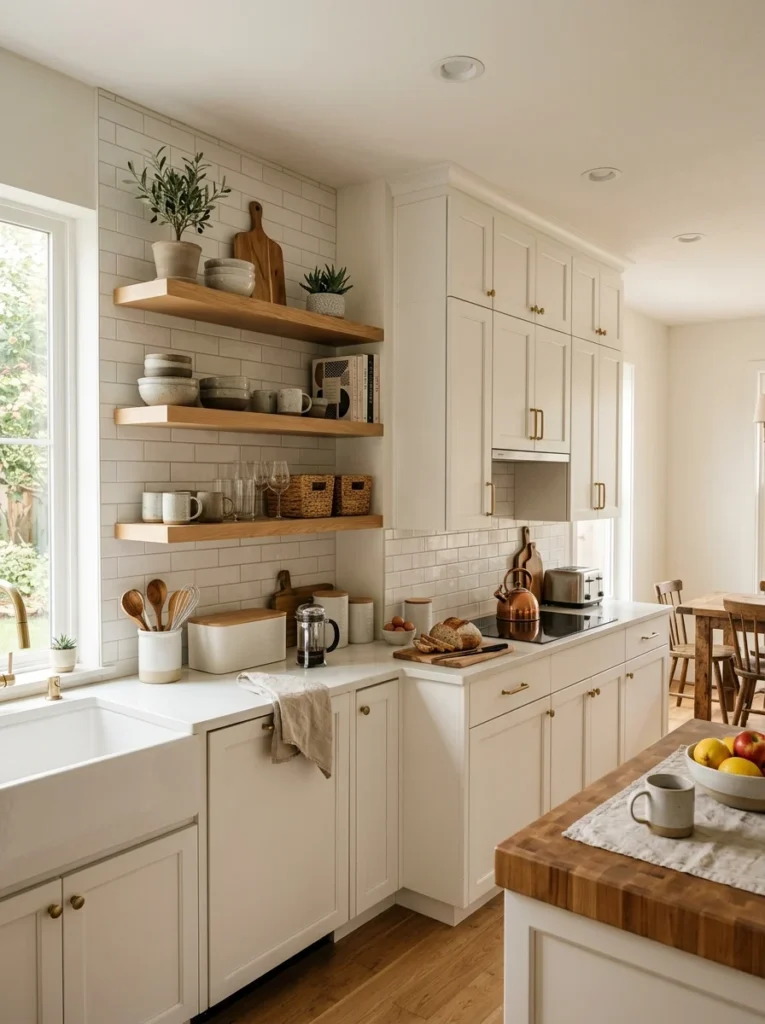 Modern kitchen comparing open shelving and upper cabinets to help homeowners choose the best option.