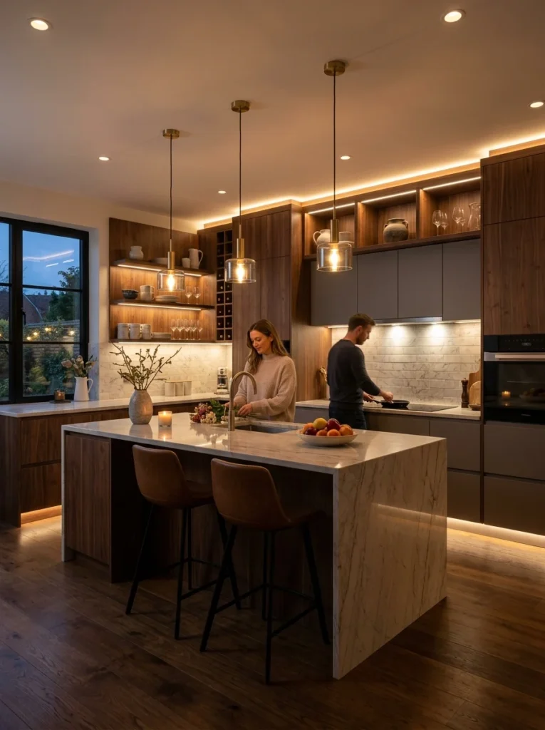 Modern kitchen illuminated with balanced task, ambient and accent lighting.