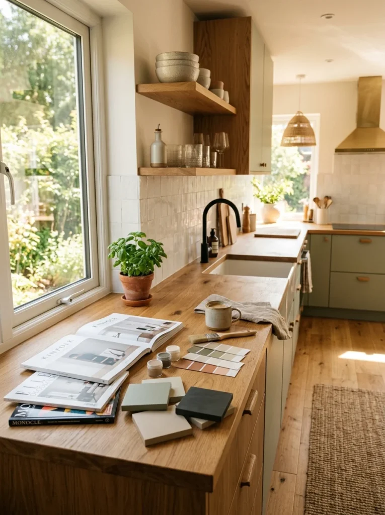 Modern kitchen with color samples and timeless neutral palette inspiration for cabinet design.