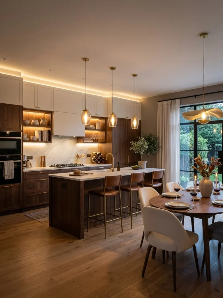 Modern kitchen demonstrating balanced lighting color temperature and brightness.