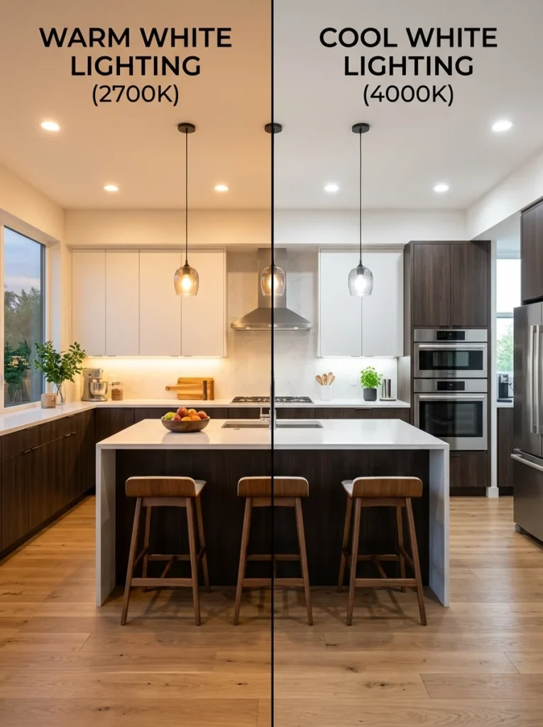 Comparison of warm white and cool white lighting in a modern kitchen.