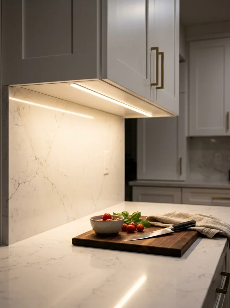 Warm LED strip lights installed beneath kitchen cabinets lighting the countertop.