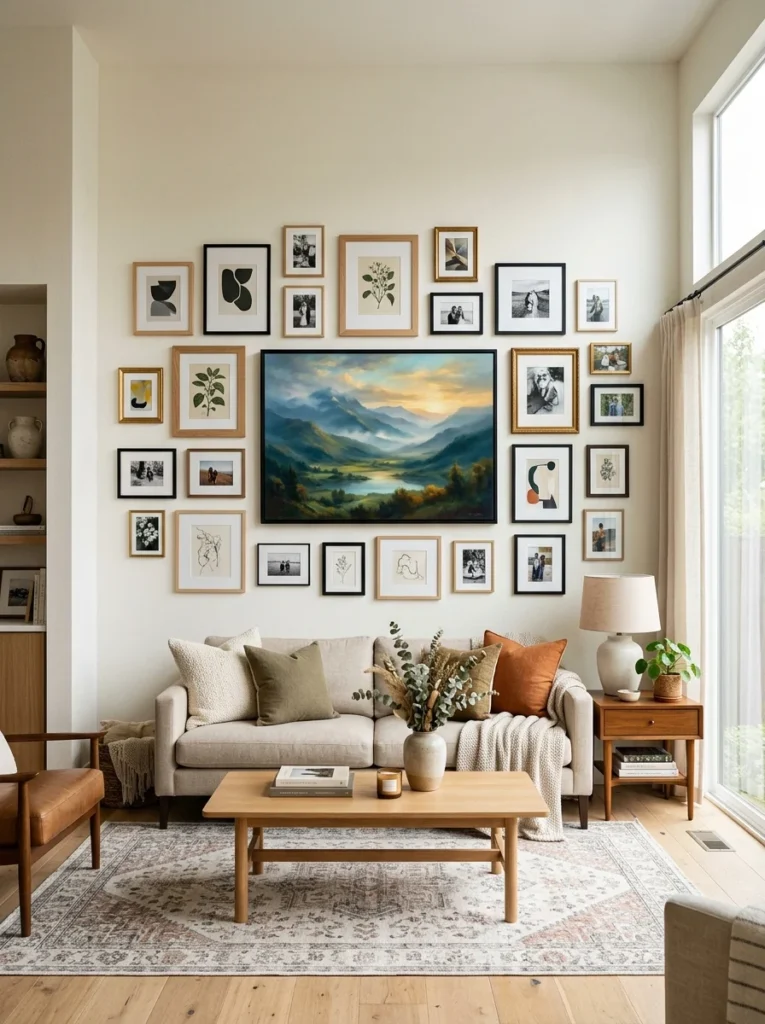 Large central artwork surrounded by smaller mixed picture frames in a balanced gallery wall.