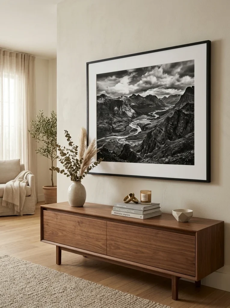 Framed black-and-white personal photography decorating a modern wall.