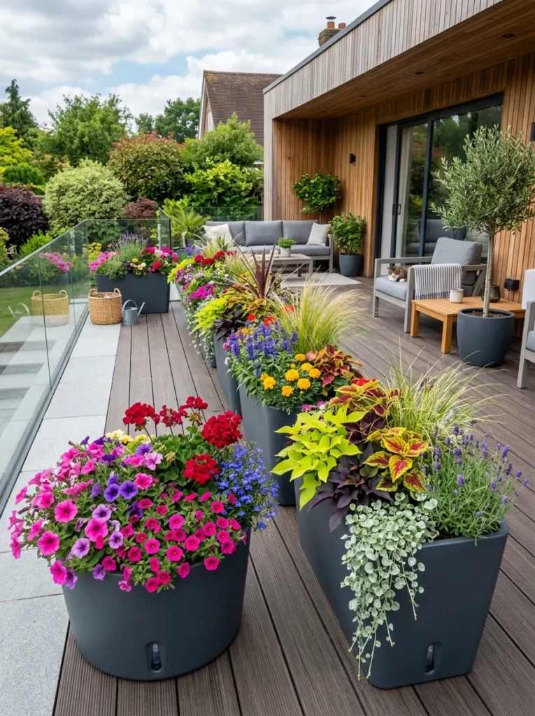 Large self-watering planters on a modern outdoor patio.