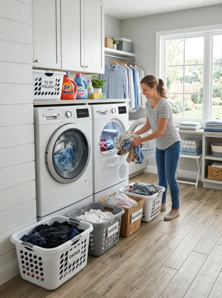 Organized laundry loads prepared for efficient washing and drying