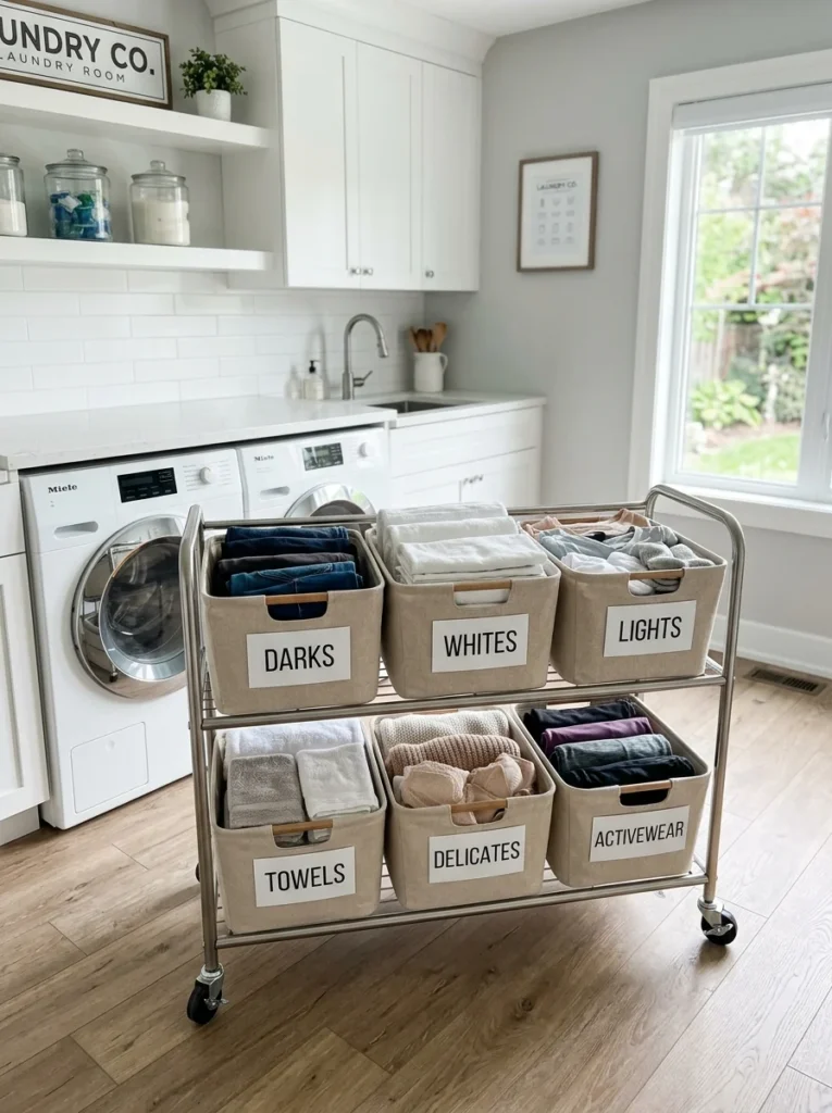 Laundry cart with organized folded clothes ready to transport throughout the home.