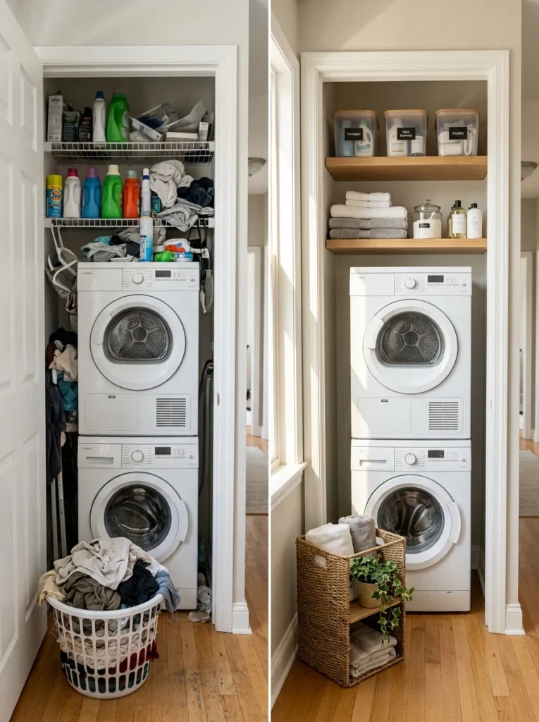Small organized laundry room with shelves, baskets, and efficient storage layout.