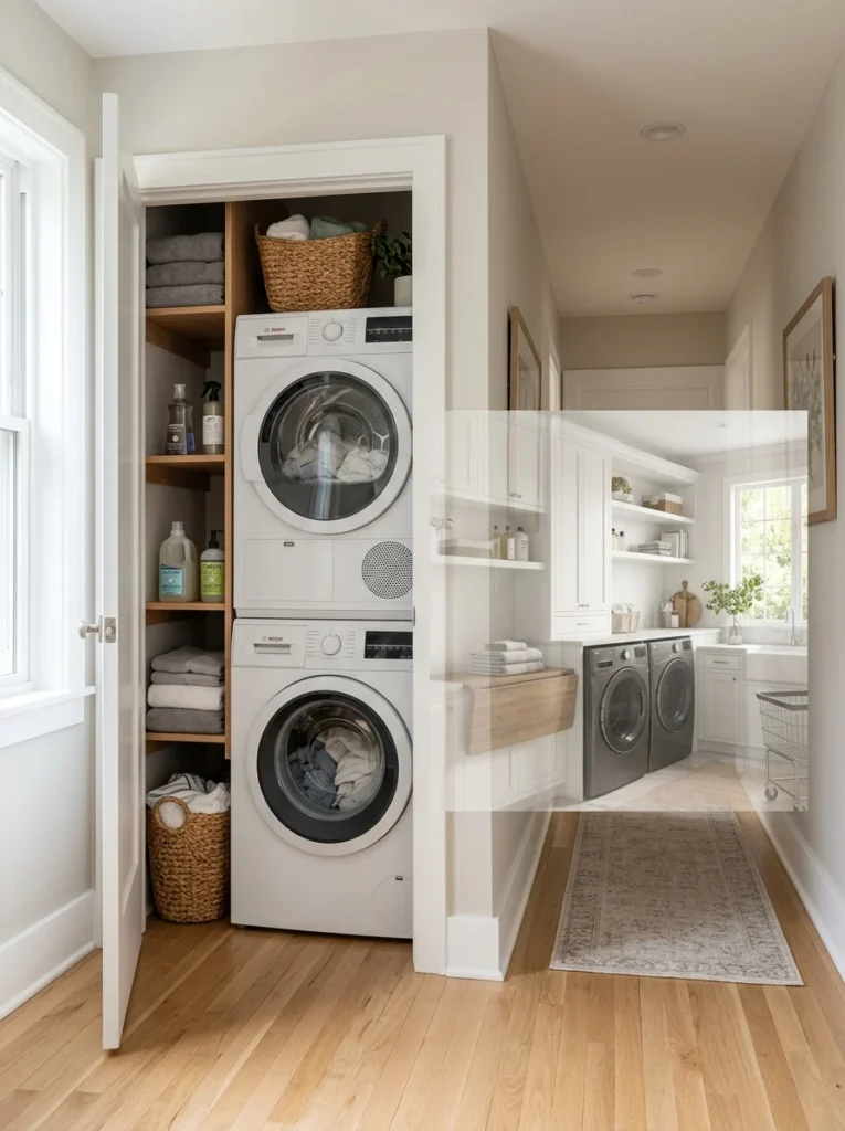 Comparison of a stacked washer and dryer in a narrow closet and a side-by-side laundry setup.