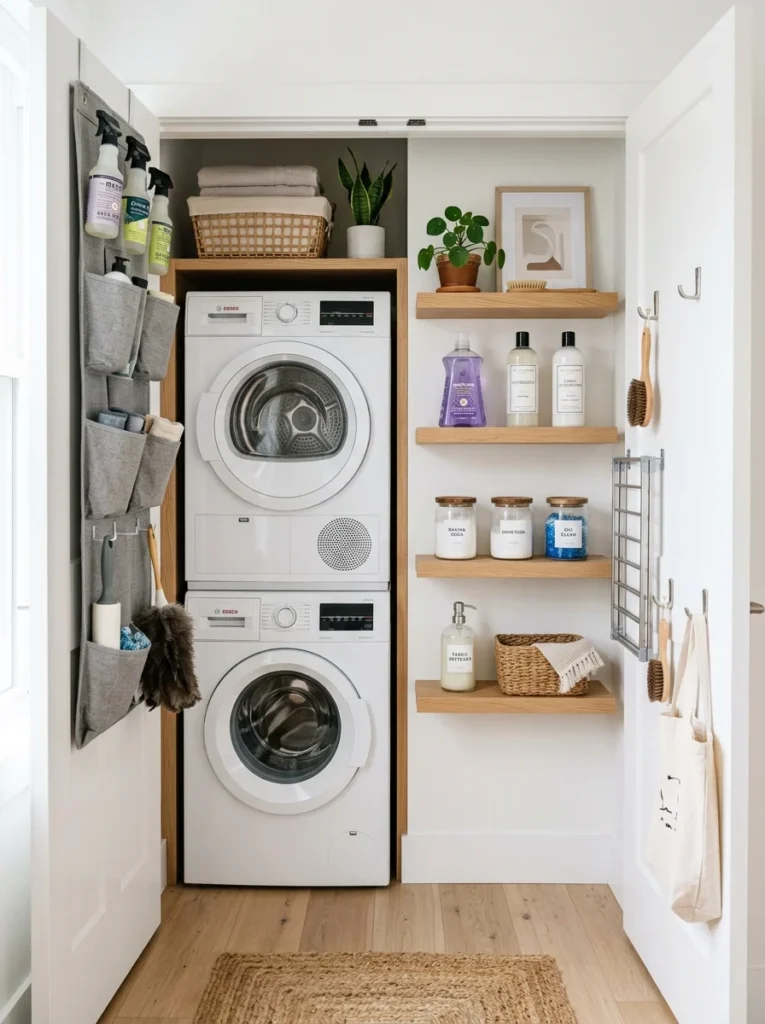 Tiny laundry closet transformed with vertical shelving and organized storage.