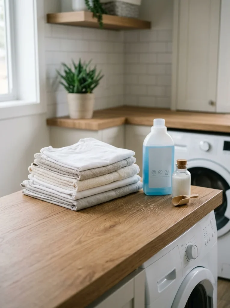Affordable laminate countertop installed above a washer and dryer.