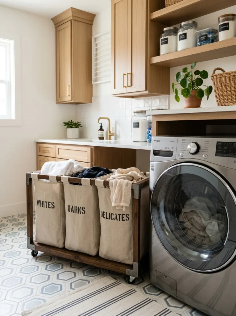 Multi-compartment laundry hamper for sorting clothes.