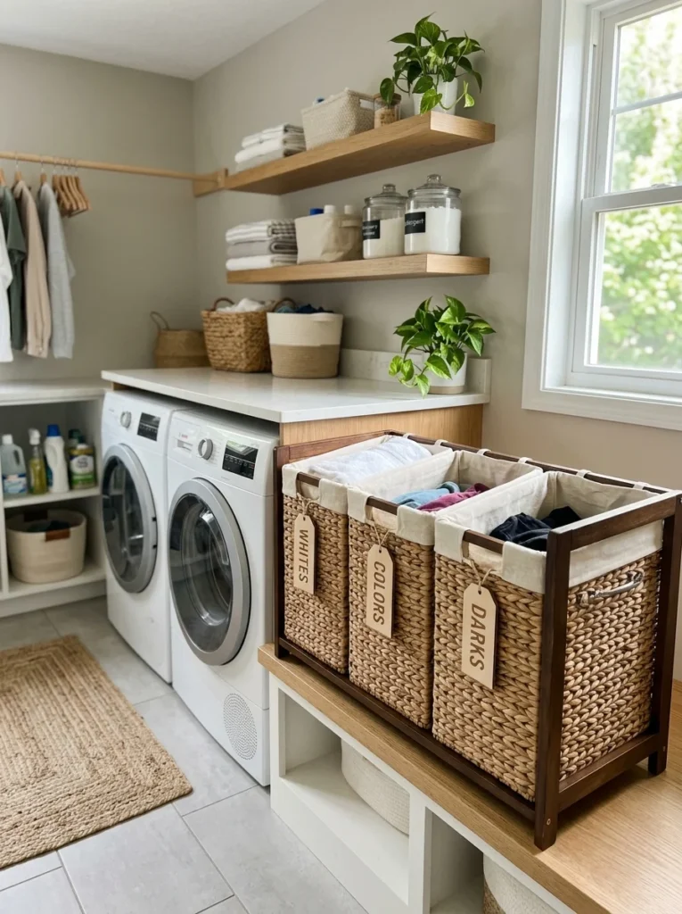 Multi-compartment laundry hamper separating clothes before laundry day.