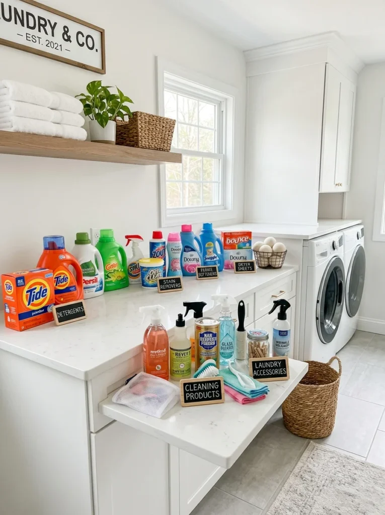 Laundry supplies grouped into categories before organizing.