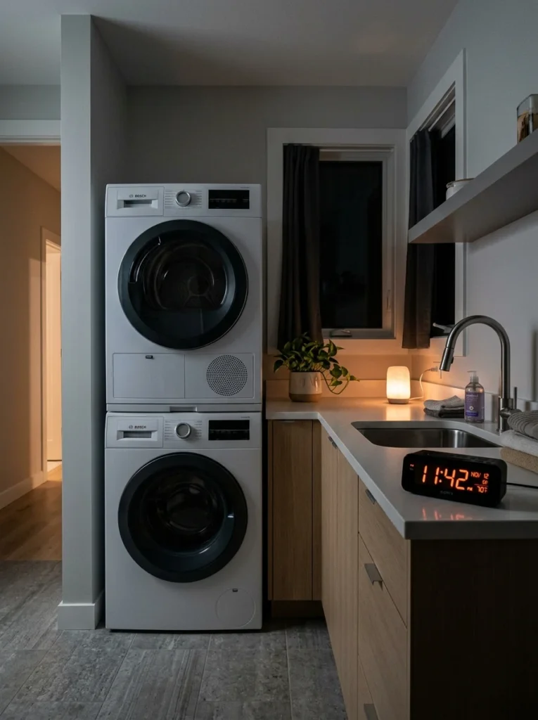 Laundry appliances turned off at night for safer operation.