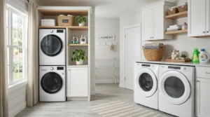Stackable and side-by-side washer and dryer setups compared in a modern laundry room.