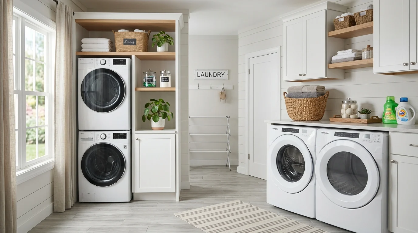 Stackable and side-by-side washer and dryer setups compared in a modern laundry room.
